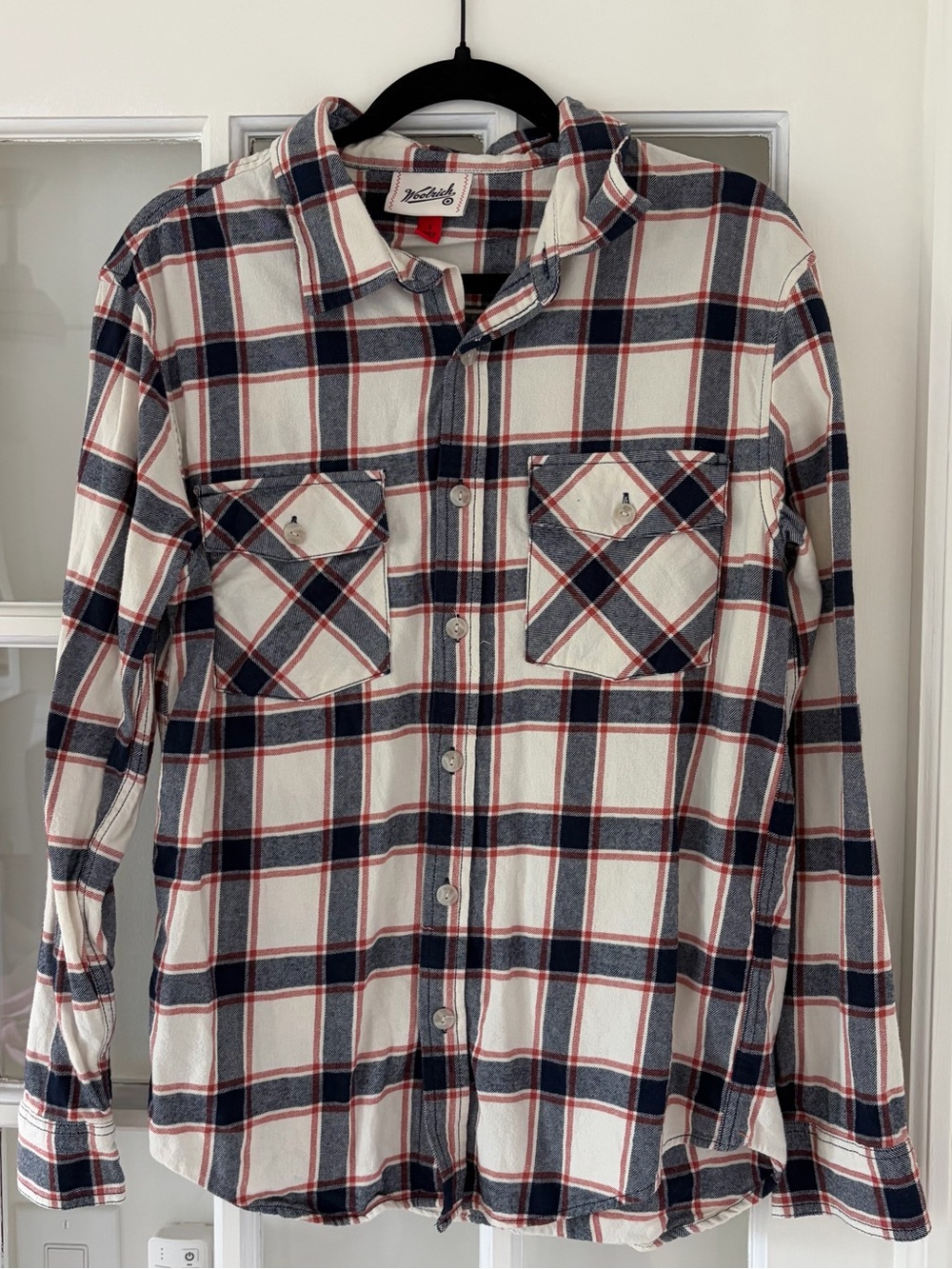 Woolrich Unisex White Plaid Button-Down Shirt with Navy & Red Checks
